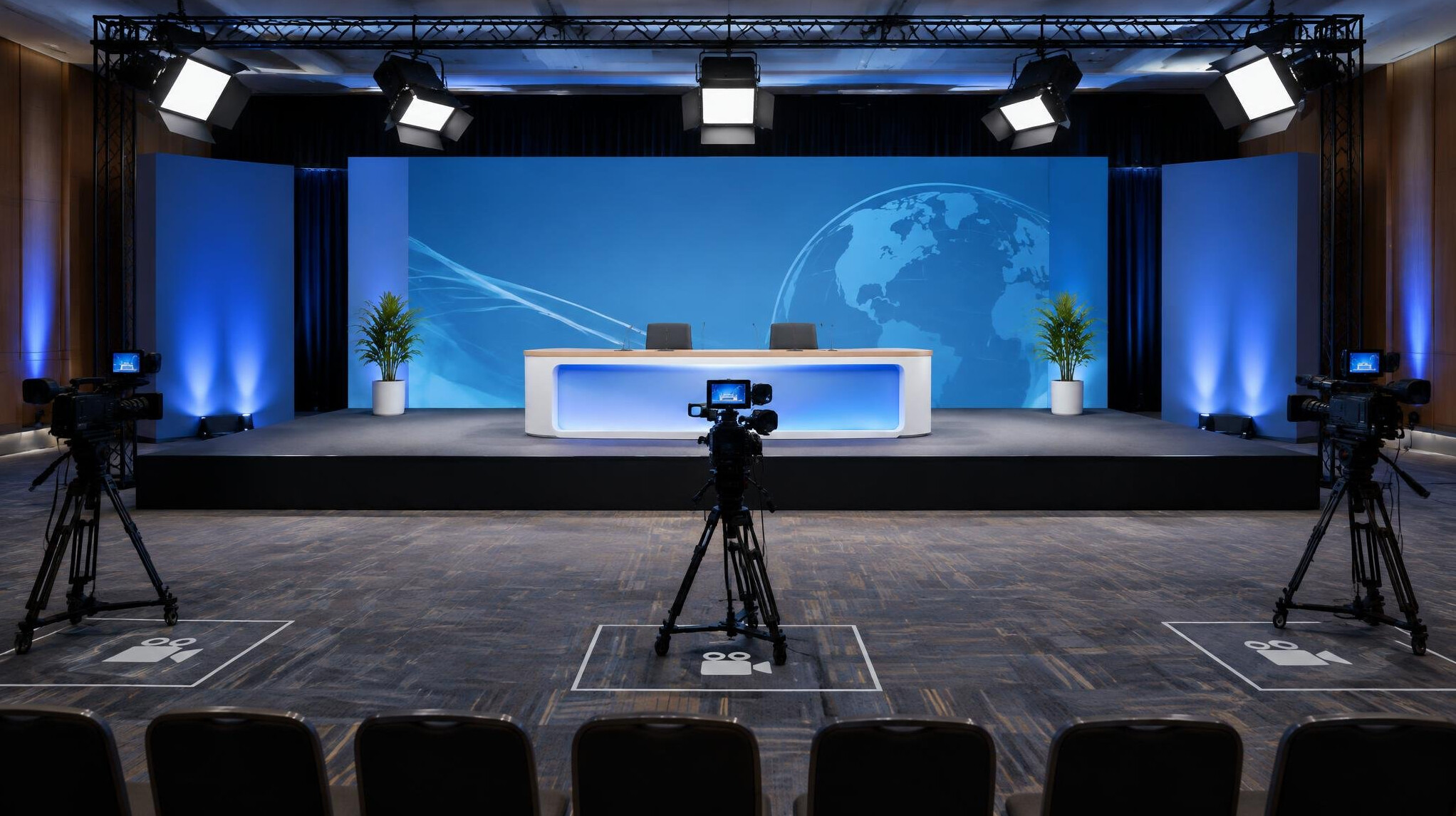 Conference stage set up for a live broadcast