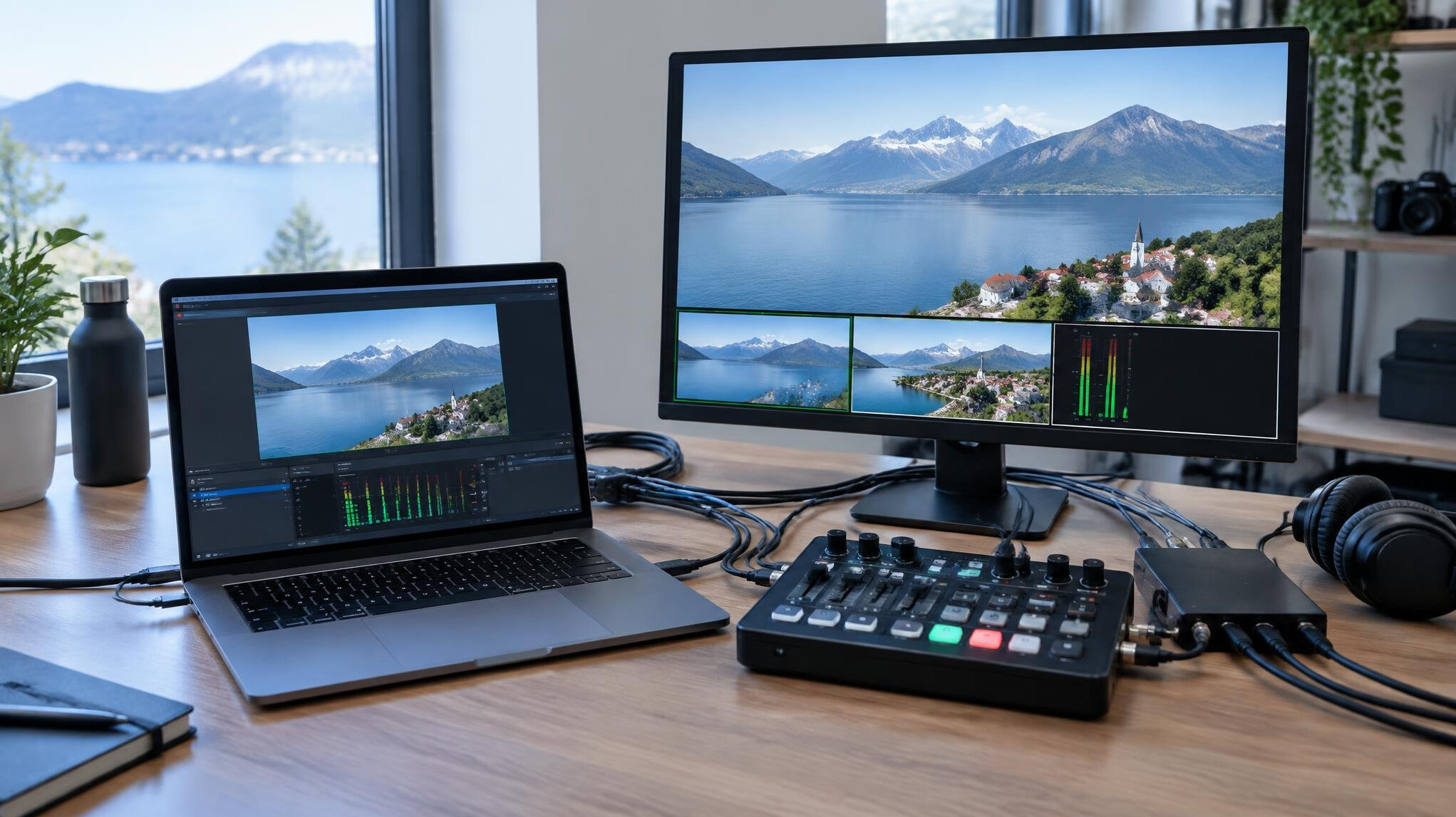 Laptop and monitor showing a video feed on a desk