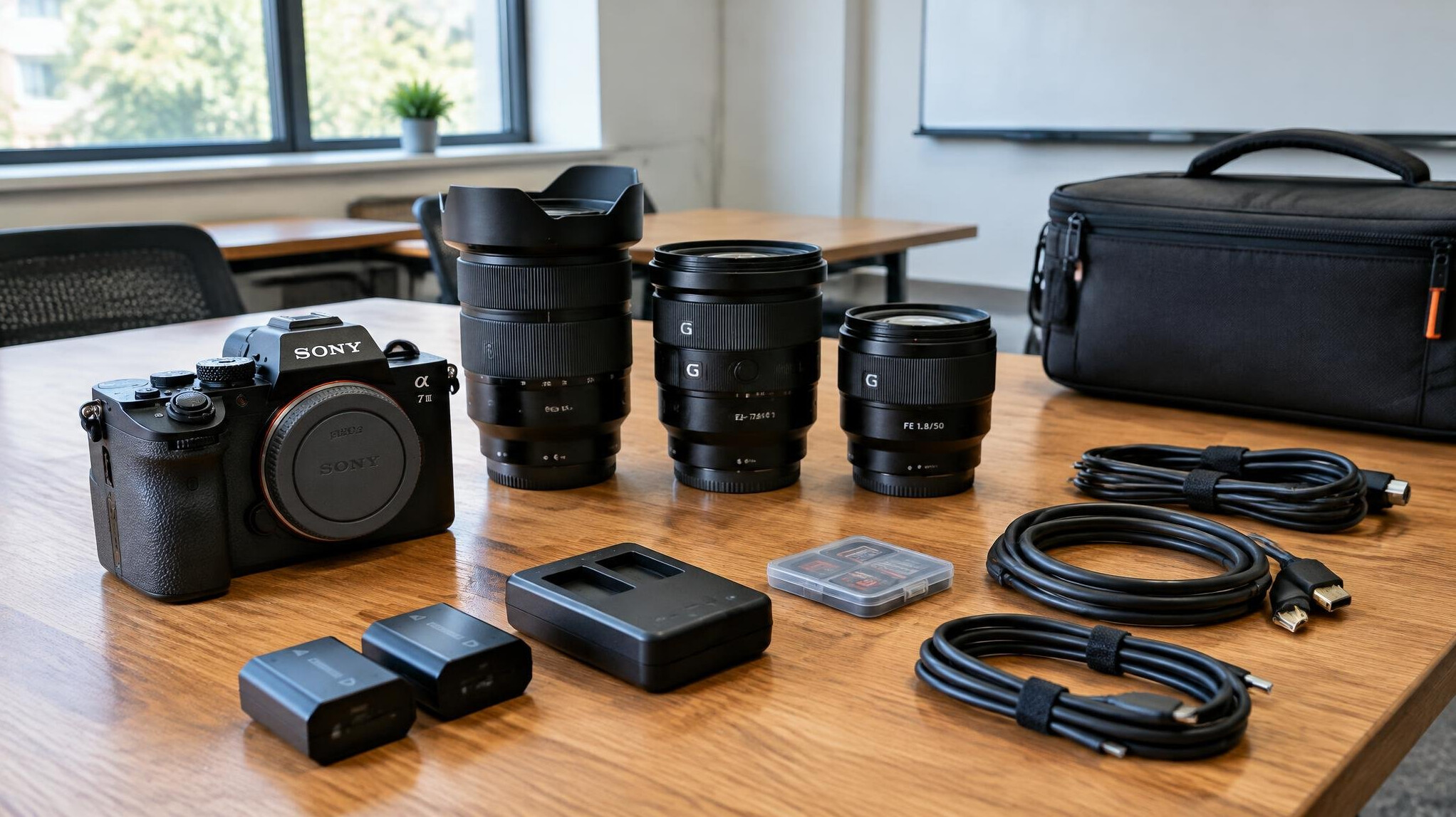 Camera equipment laid out on a table