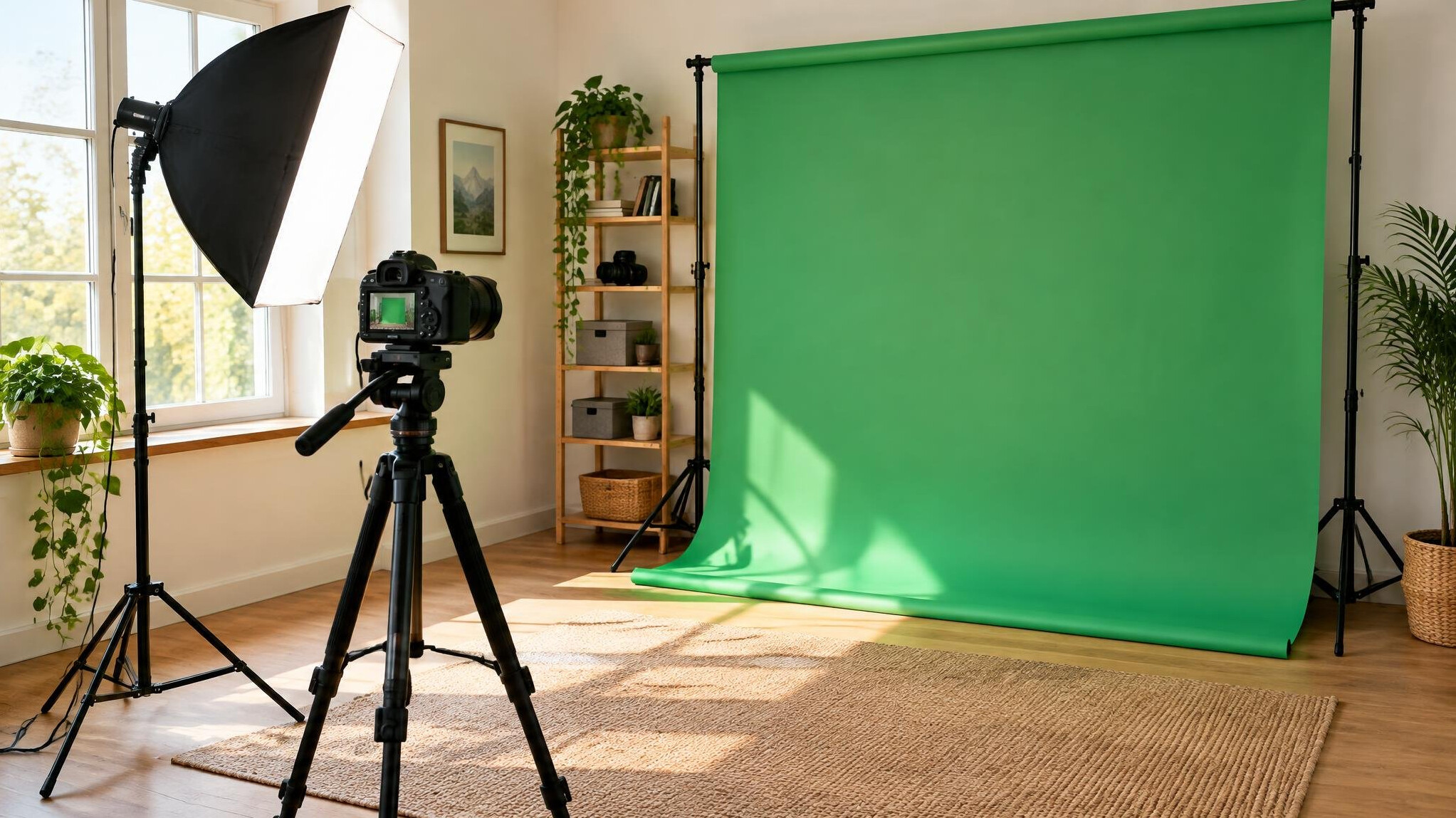 Camera operator equipment in a bright studio