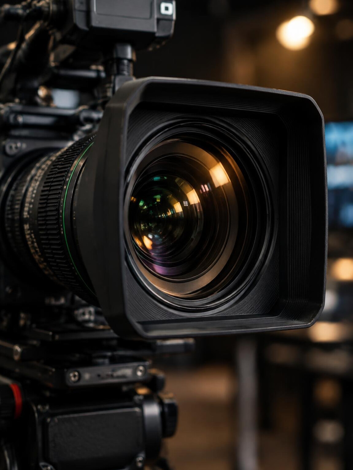 Professional video camera lens close-up in a studio